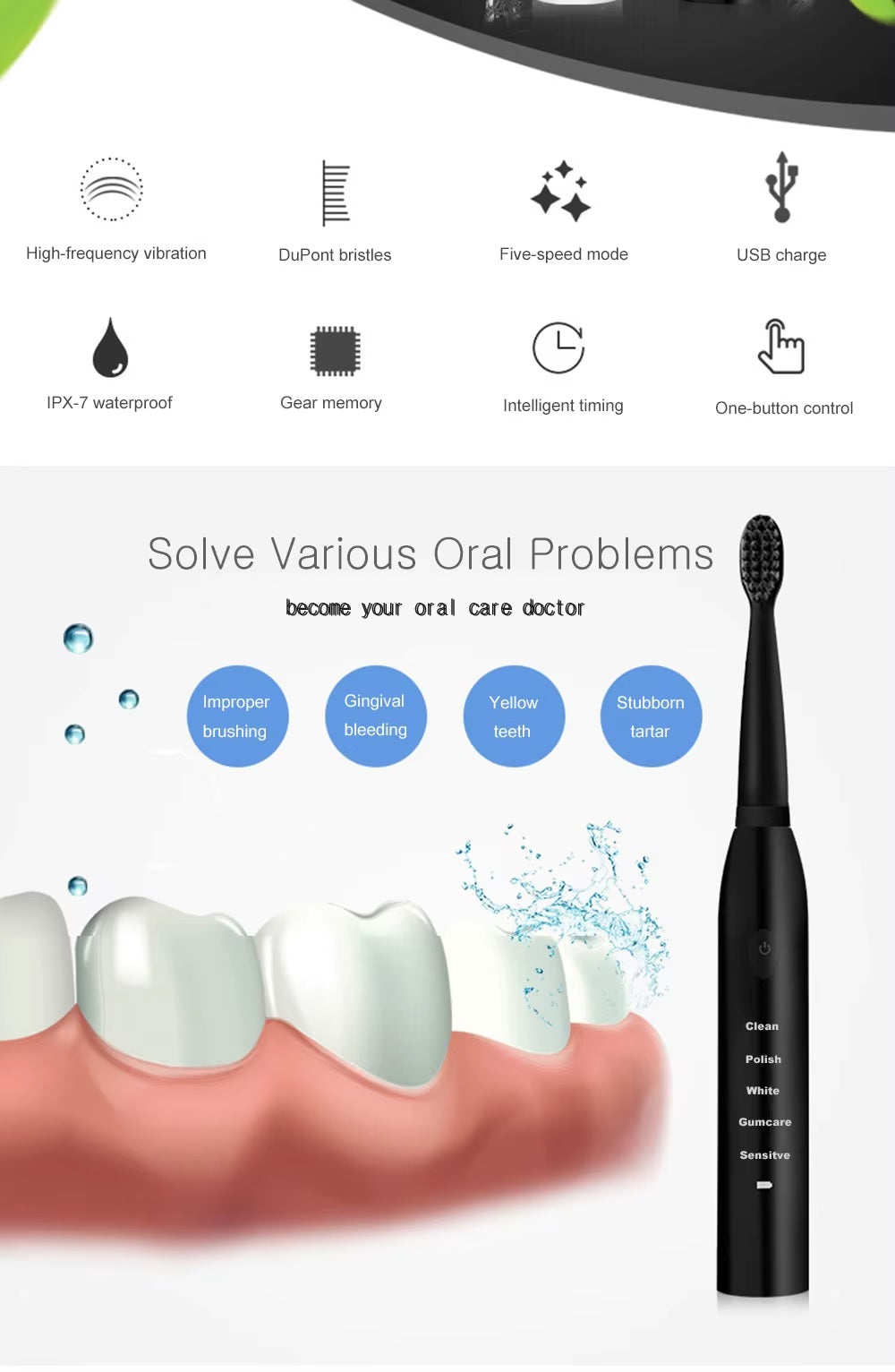 UltraSonic Rechargeable Electric Whitening Toothbrush – USB Charging, Waterproof, Sonic Tooth Brush